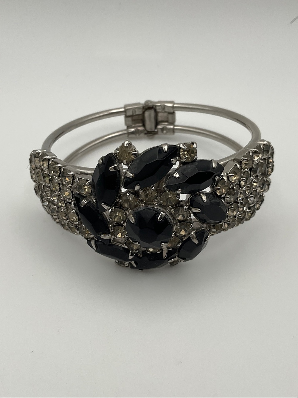 Vintage Black Crystal Flower Cuff Bracelet